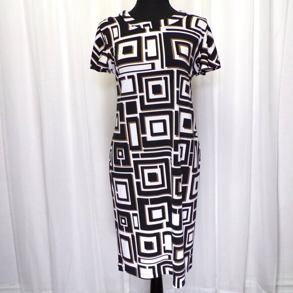 Chico's Midi Shift Dress Womens 0 US 4 Small White Brown Black Cold Shoulder Mod - Picture 1 of 12